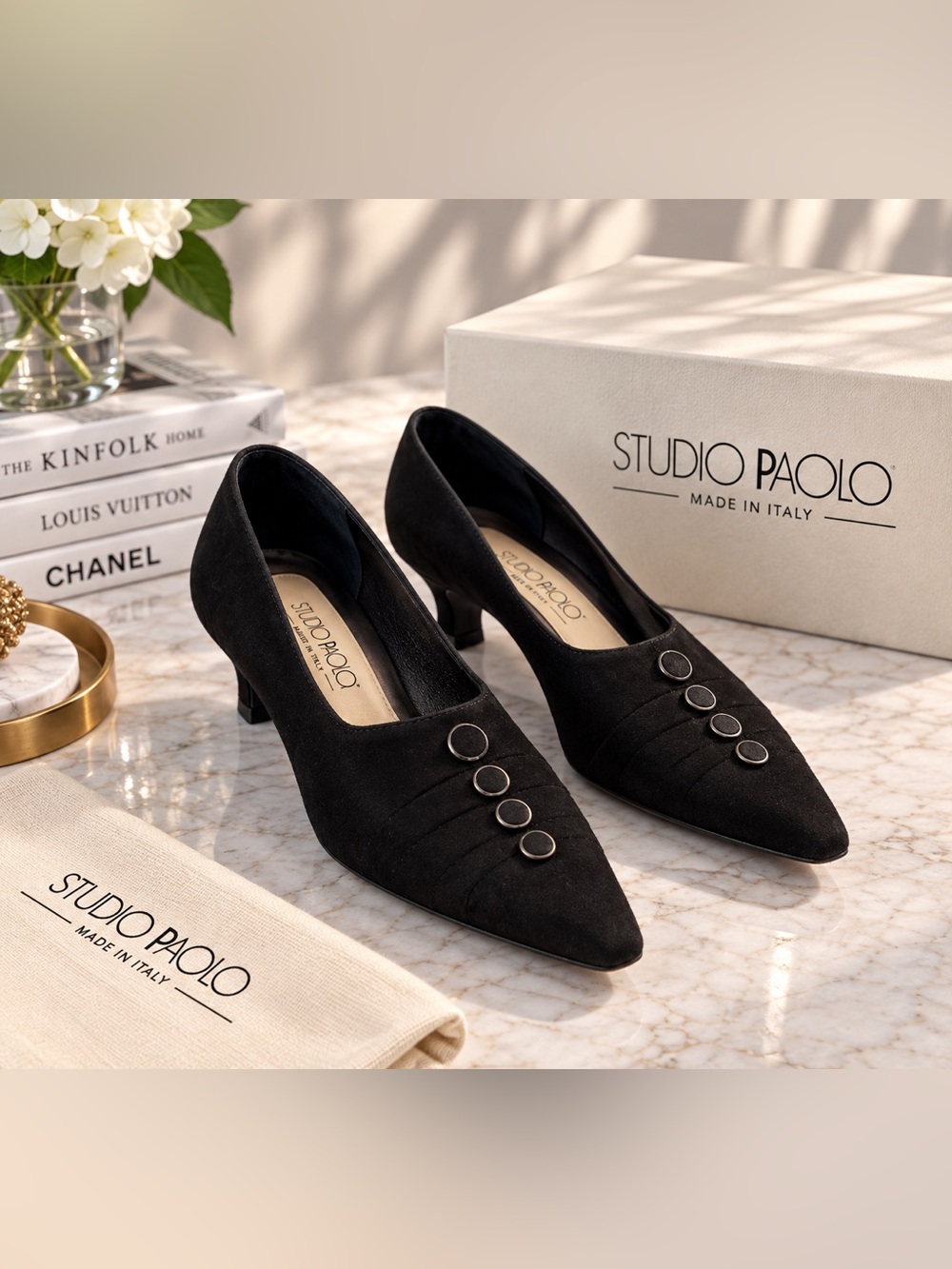 Studio Paolo Italy Black Suede Pointed Toe Button Kitten Heels 6.5B Vntg